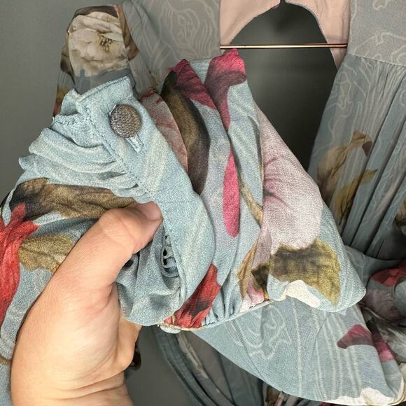 PatBo Peony Print Cutout Midi Crepe Long Sleeve Blue Pink Dress US Size 12 - Picture 13 of 16